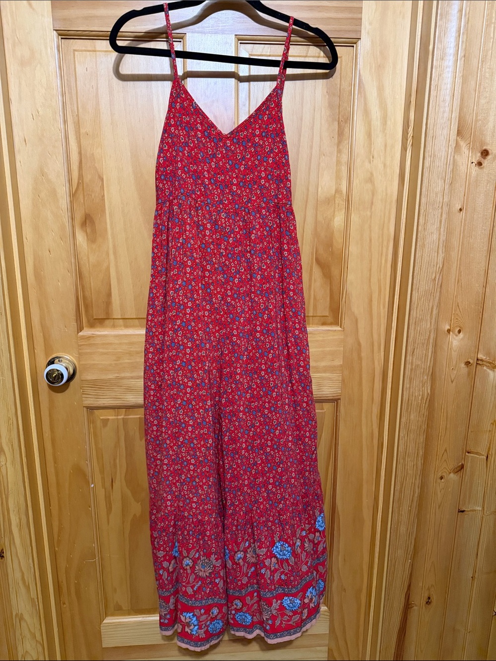 NATURAL LIFE Red & Blue Floral Wide-Leg Spaghetti-Strap Boho Jumpsuit, Size S. - Picture 4 of 14